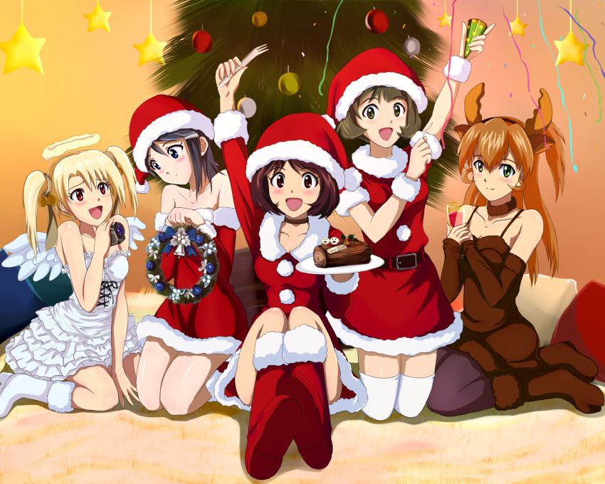 1boy 4girls :d akizuki_ryo angel angel_wings animal_costume antlers bare_shoulders black_pantyhose blonde_hair blue_eyes blue_hair blush bob_cut boots brown_hair cake camcorder choker christmas christmas_tree commentary_request cup dress drinking_glass food frilled_dress frills fur_trim green_eyes hair_ornament hairclip halo hat hidaka_ai highres hina_(araburu-hinadori) horns idolmaster idolmaster_dearly_stars mizutani_eri multiple_girls open_mouth otoko_no_ko pantyhose party_popper reindeer_antlers reindeer_costume sakurai_yumeko santa_costume santa_hat smile strapless strapless_dress streamers suzuki_ayane thighhighs twintails two_side_up video_camera white_thighhighs wine_glass wings