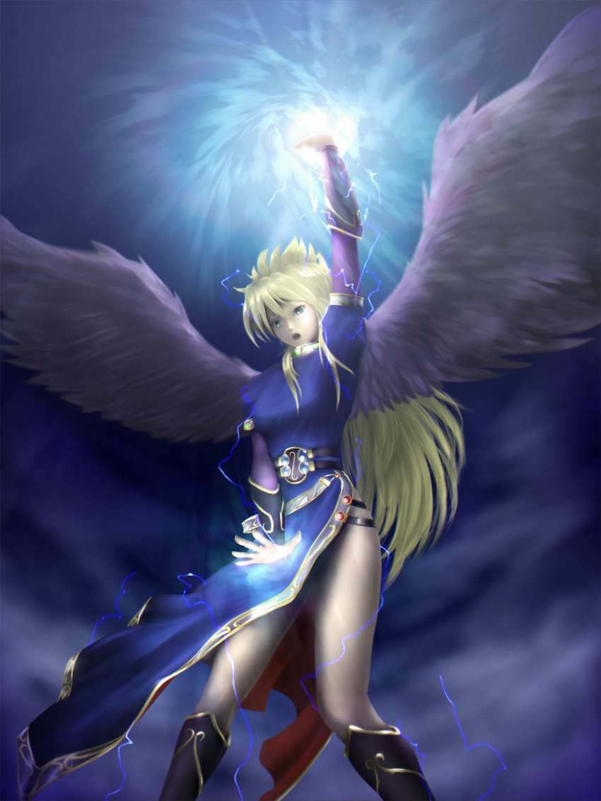 angel_wings arm_up armlet armor armored_dress black_wings blonde_hair boots breath_of_fire breath_of_fire_ii bridal_gauntlets choker cloud commentary_request dress feathered_wings feathers female gem green_eyes highres jewelry knee_boots legs lightning long_hair long_legs magic necklace nina_(breath_of_fire_ii) obu_(13587) open_mouth purple_wings side_slit sidelocks sky solo thighs very_long_hair wings