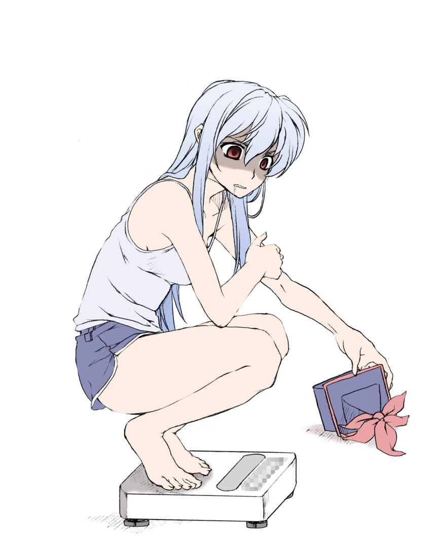 alternate_costume barefoot bathroom_scale blue_hair camisole censored commentary_request drooling elf_(stroll_in_the_woods) empty_eyes fake_censor feet female full_body grey_shorts hat highres kamishirasawa_keine long_hair photoshop_(medium) red_eyes saliva shaded_face shorts simple_background solo squatting toes touhou unworn_hat unworn_headwear weighing_scale weight_conscious