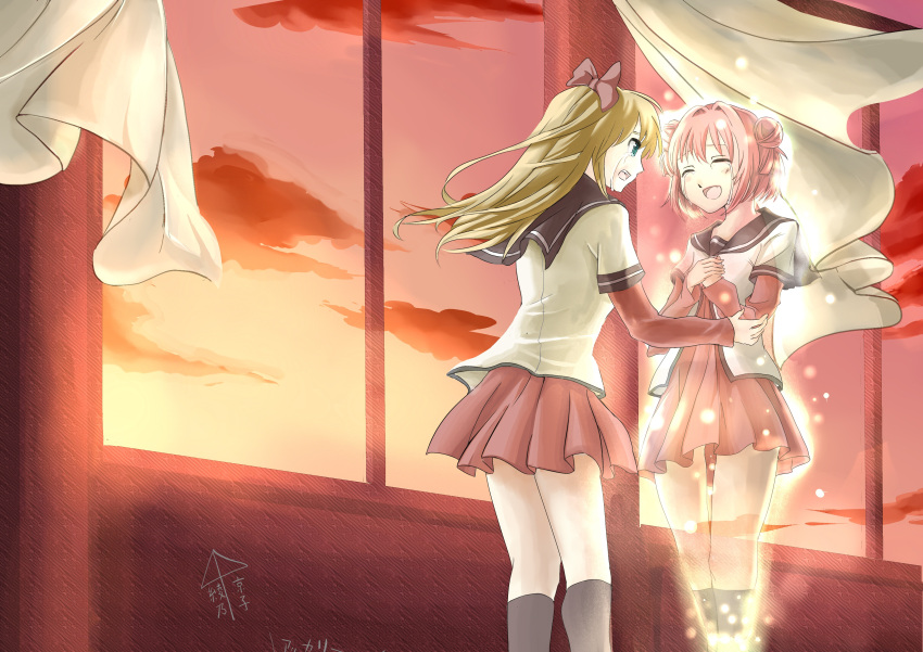 2girls absurdres ai_ai_gasa akaza_akari blonde_hair closed_eyes cloud commentary_request crying curtains double_bun dress fading hair_bun highres light_particles long_hair multiple_girls nanamori_school_uniform pleated_skirt red_hair sailor_dress school_uniform serafuku shimada_takayuki short_hair skirt sky sunset tears toshinou_kyouko uniform wind yuru_yuri