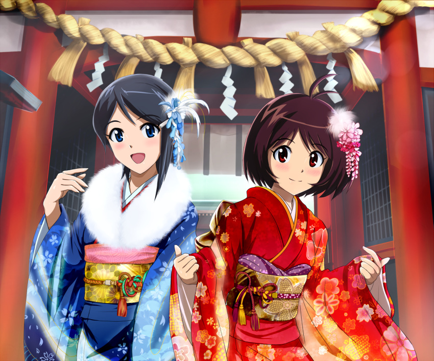 2girls antenna_hair blue_eyes blue_hair blush brown_hair commentary_request floral_print flower fur_trim furisode hair_flower hair_ornament hatsumoude hidaka_ai highres hina_(araburu-hinadori) idolmaster idolmaster_dearly_stars japanese_clothes kimono mizutani_eri multiple_girls new_year obi open_mouth red_eyes rope sash shimenawa short_hair smile