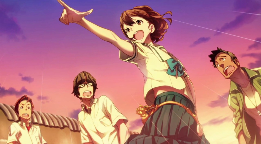 3boys black_hair brown_eyes brown_hair dark_skin female fukuda_tomonori glasses hidaka_subaru multiple_boys nakafukada_mitsuhiko official_art open_mouth pointing ribbon robotics;notes school_uniform senomiya_akiho short_hair skirt sunset sweater yashio_kaito