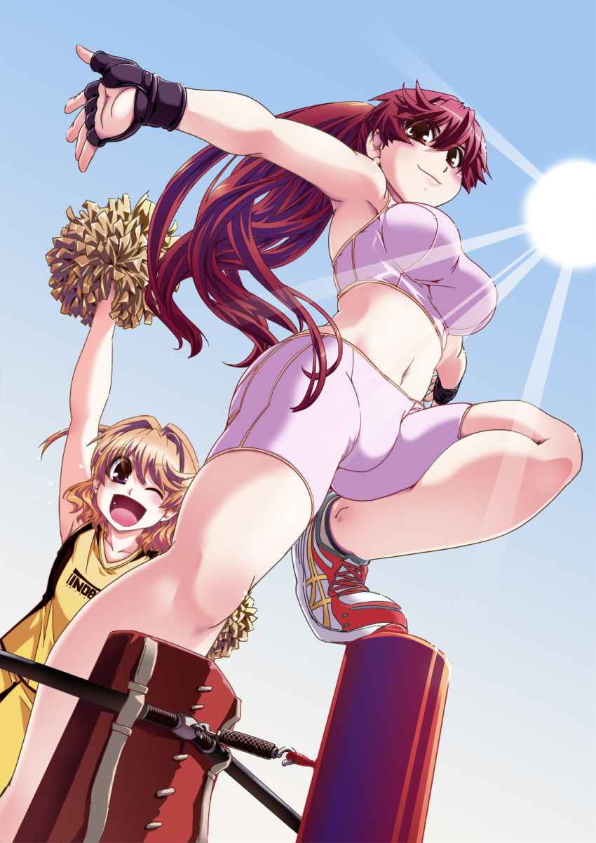 1boy arm_up armpits bike_shorts blonde_hair blush boxing_ring breasts brown_eyes cheerleader commentary_request crossdressing female fetix! fingerless_gloves gloves hashinomoto_maaya hashinomoto_rintarou highres ikuya_daikokudou kickboxing long_hair medium_breasts midriff mixed_martial_arts mma_gloves navel official_art one_eye_closed open_mouth otoko_no_ko pom_pom_(cheerleading) red_eyes red_hair short_hair smile sports_bra sun wrestling_ring