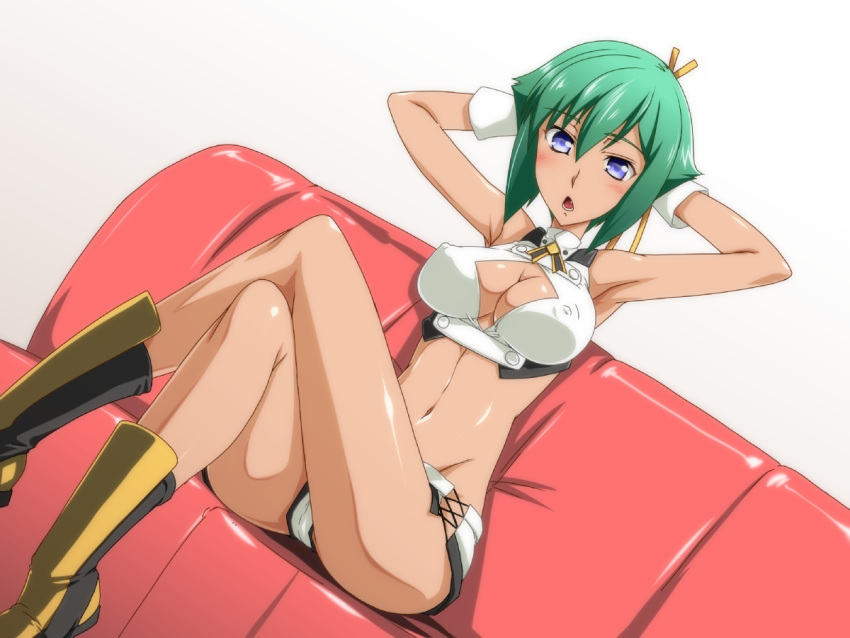 aquarion_(series) aquarion_evol armpits arms_behind_head blue_eyes boots breasts cleavage cleavage_cutout clothing_cutout commentary_request covered_nipples crossed_legs ebido female green_hair groin hair_ribbon legs looking_at_viewer medium_breasts midriff navel oerba_yun_fang ribbon short_hair short_shorts shorts sitting solo white_shorts zessica_wong