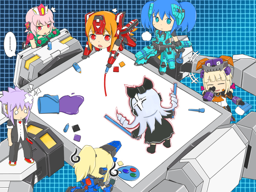 6+girls alternate_costume atat_(houndale) bad_id bad_pixiv_id blonde_hair blue_eyes blue_hair chains chibi cosmic_break crimrose eraser grey_hair ivis jikun_hu koko_gaap lazflamme lily_rain mecha multiple_girls neon_neos paint purple_hair red_eyes robot school_uniform winberrl