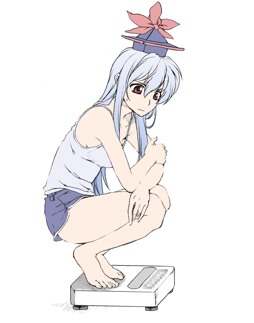 :| alternate_costume barefoot bathroom_scale blue_hair camisole censored closed_mouth commentary_request elf_(stroll_in_the_woods) fake_censor feet female grey_shorts hat highres kamishirasawa_keine long_hair photoshop_(medium) red_eyes shorts solo touhou weighing_scale