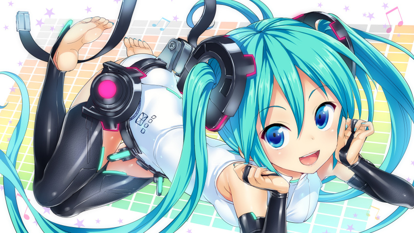 :d aqua_eyes aqua_hair barefoot beamed_eighth_notes bridal_gauntlets elbow_gloves female fingerless_gloves gloves hatsune_miku hatsune_miku_(append) highres hisasi long_hair looking_at_viewer lying musical_note nail_polish necktie on_side open_mouth smile solo star_(symbol) tda_model_(mikumikudance) thighhighs toenail_polish toenails twintails very_long_hair vocaloid vocaloid_append