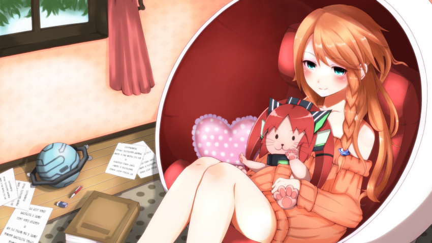 bad_id bad_pixiv_id blue_eyes blush cosmic_break female highres mialy orange_hair rouche smile stuffed_toy sweater toy usagurumi