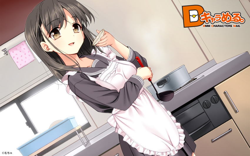 :d apron brown_eyes brown_hair dmm female fish_grill highres holding indoors kitchen ladle looking_at_viewer open_mouth original piyodera_mucha skirt smile solo stove