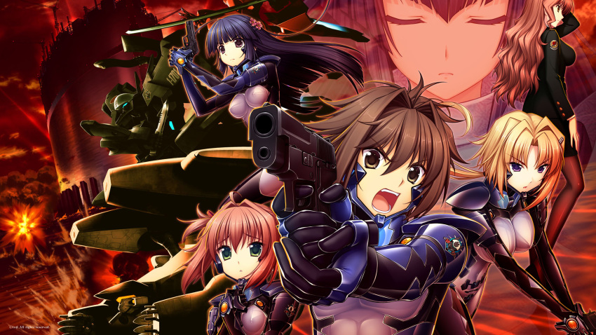 bodysuit ellen_aice gun jinguuji_marimo mecha miono_shizuku mitsurugi_meiya muvluv muvluv_alternative_chronicles sendou_yuzuka tatsunami_hibiki wallpaper