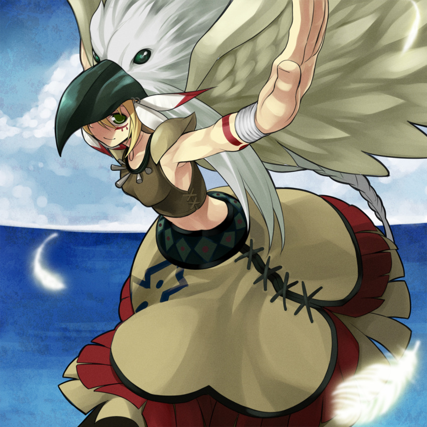 animal_helmet cloud commentary_request dress duel_monster feathers female green_eyes guardian_eatos highres hitohautsu navel photoshop_(medium) sky water wings yu-gi-oh!