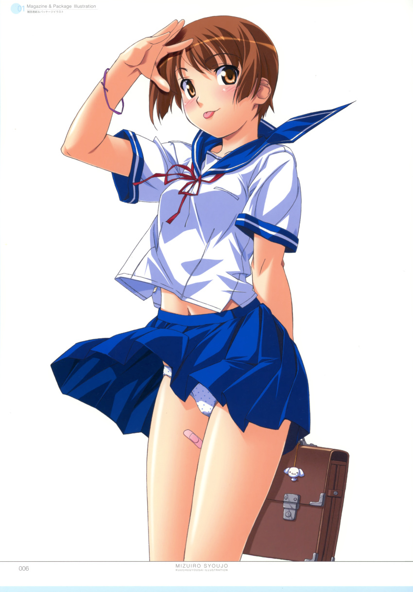 :p absurdres bag bandaid brown_hair copyright_request face female hand_on_head hands highres kuuchuu_yousai panties pantyshot pantyshot_(standing) school_uniform short_hair simple_background skirt skirt_lift standing tongue tongue_out underwear upskirt wind_lift