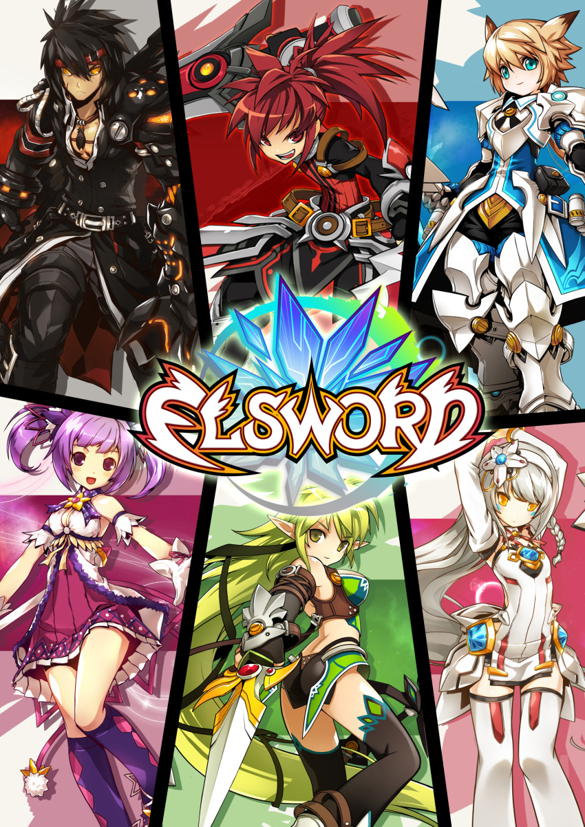 3boys 3girls aisha_landar armor arms_up bad_id bad_pixiv_id battle_magician_(elsword) belt black_armor black_hair black_legwear blonde_hair boots chung_seiker coat code:_electra_(elsword) copyright_name elsword elsword_(character) eve_(elsword) greaves green_eyes green_hair grin hair_flaps hairband headband highres kneehighs long_hair looking_back multicolored_clothes multicolored_legwear multiple_boys multiple_girls no_nose osora photoshop_(medium) pointy_ears ponytail purple_eyes purple_hair purple_legwear purple_skirt raven_cronwell red_eyes red_hair rena_erindel serious sheath_knight_(elsword) shelling_guardian_(elsword) short_hair skirt smile socks thighhighs trapping_ranger_(elsword) twintails weapon_taker_(elsword) white_hair white_legwear yellow_eyes zettai_ryouiki