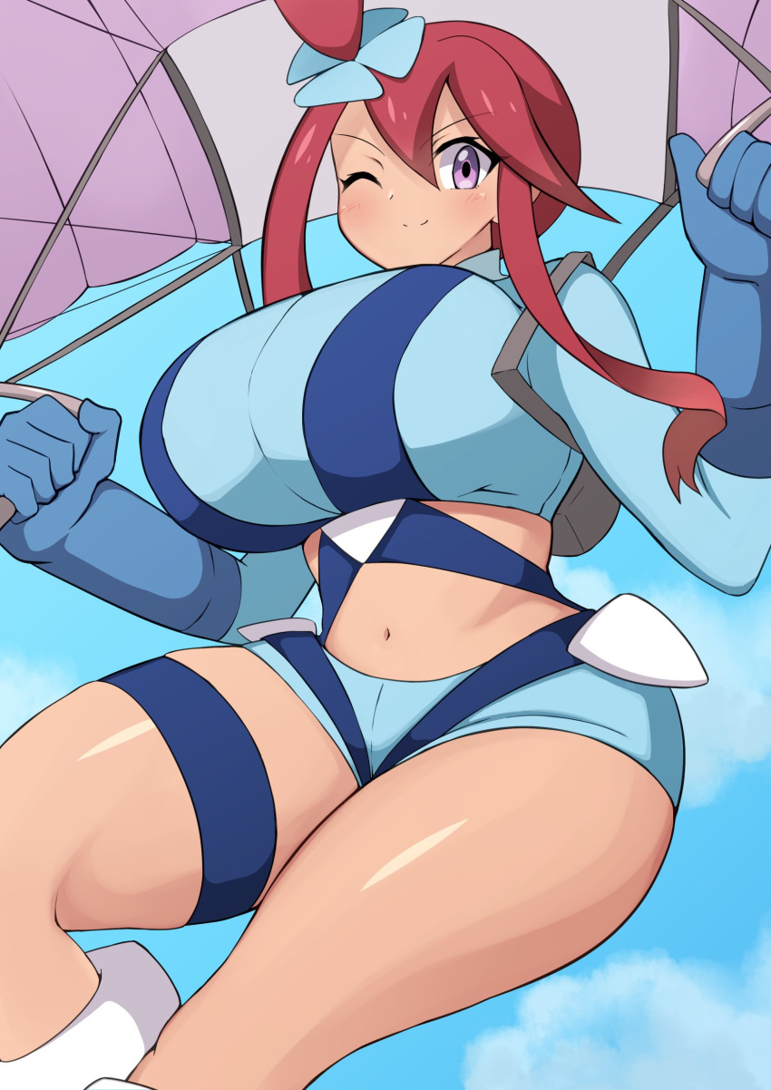 1boy big_breasts blinking female female_only game_freak huge_breasts jaga334 looking_at_viewer nintendo one_eye_closed outfit pokemon pokemon_(game) pokemon_bw purple_eyes red_hair skyla_(pokemon) solo solo_focus white_background wink winking_at_viewer