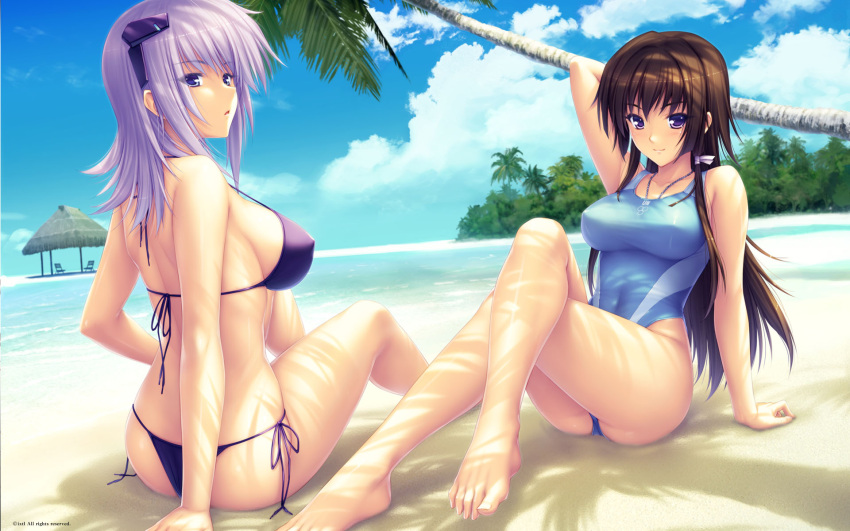 2girls arm_behind_head arm_support barefoot beach bikini breasts cloud competition_swimsuit covered_navel crossed_legs cryska_barchenowa day feet highres impossible_clothes impossible_swimsuit jewelry jpeg_artifacts large_breasts legs long_hair looking_at_viewer looking_back multiple_girls muv-luv muv-luv_alternative muv-luv_total_eclipse navel necklace official_art official_wallpaper one-piece_swimsuit outdoors palm_tree photoshop_(medium) purple_hair sayori_(neko_works) shirt short_hair side-tie_bikini_bottom sideboob sitting sky strap_gap string_bikini swimsuit takamura_yui taut_clothes taut_shirt toe-point tree