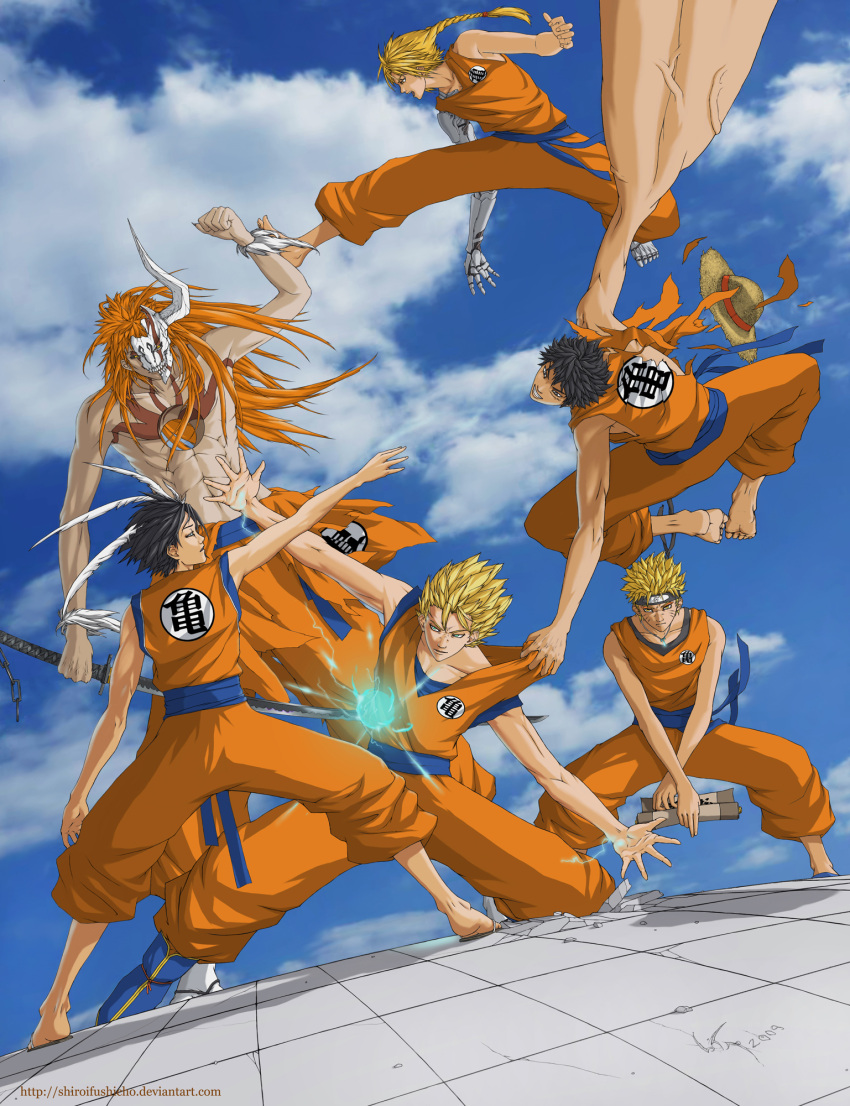 6+boys 6boys antoine_retaureau barefoot black_hair bleach blonde_hair blue_eyes blue_sky braid chyuta crossover dragon_ball dragon_ball_z edward_elric fighting fullmetal_alchemist hat highres hollow_ichigo kick kicking kurosaki_ichigo male male_focus mask monkey_d_luffy multiple_boys muscle naruto one_piece orange_hair prosthesis prosthetic_arm prosthetic_leg rubber scar scroll sky son_gokuu straw_hat sword uzumaki_naruto weapon