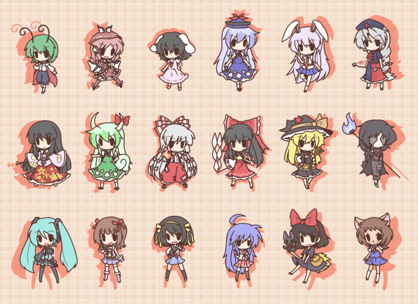 0_0 6+girls :3 :d absurdres ahoge amami_haruka animal_ears antennae aqua_hair arrow_(projectile) bad_id bad_pixiv_id black_hair blonde_hair blue_hair blue_sailor_collar bow bow_(weapon) branch broom broom_riding cape carrot cat_ears chibi demon's_souls detached_sleeves dress ex-keine feline fire fujiwara_no_mokou fushigi_ebi green_hair grey_hair hair_ribbon hair_tubes hairband hairbow hakurei_reimu hand_on_own_hip hat hat_ribbon hatsune_miku headset highres holding horn_bow horn_ornament horns houraisan_kaguya idolmaster idolmaster_(classic) inaba_tewi izumi_konata jeweled_branch_of_hourai jiji_(majo_no_takkyuubin) kamishirasawa_keine kiki_(majo_no_takkyuubin) kirisame_marisa kita_high_school_uniform long_hair lucky_star maiden_in_black majo_no_takkyuubin midriff multiple_girls mystia_lorelei navel necktie neko_no_ongaeshi nurse_cap open_mouth pink_hair plaid plaid_background polearm rabbit_ears reisen_udongein_inaba ribbon ryouou_school_uniform sailor_collar school_uniform serafuku shadow skirt smile solid_oval_eyes star_(symbol) studio_ghibli suspenders suzumiya_haruhi suzumiya_haruhi_no_yuuutsu thighhighs touhou twintails v vocaloid weapon whiskers white_hair wings witch_hat wriggle_nightbug yagokoro_eirin yoshioka_haru