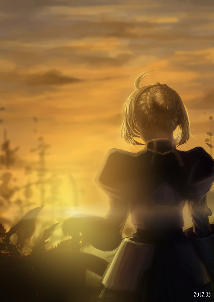 absurdres ahoge artoria_pendragon_(fate) braid commentary_request dress fate/stay_night fate_(series) female from_behind hair_bun hand_on_hilt highres juliet_sleeves long_sleeves monochrome photoshop_(medium) puffy_sleeves saber_(fate) shuizhanglang single_hair_bun solo sunset sword weapon