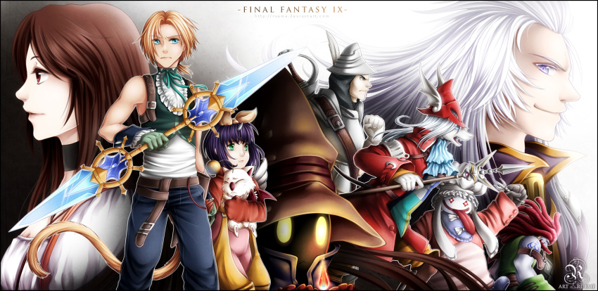 4boys 4girls adelbert_steiner armor blonde_hair blue_hair brown_hair copyright_name dagger eiko_carol everyone final_fantasy final_fantasy_ix freija_crescent garnet_til_alexandros_xvii hat knife kuja moogle multiple_boys multiple_girls quina_quen rueme salamander_coral tail vivi_ornitier watermark weapon web_address white_hair witch_hat zidane_tribal