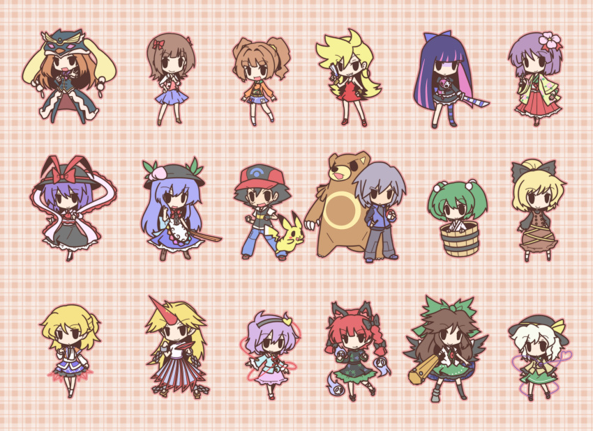 0_0 2boys 6+girls :d absurdres amami_haruka arm_cannon bad_id bad_pixiv_id black_hair black_wings blonde_hair bowl braid brown_hair bucket calligraphy_brush chibi cuffs dress earrings flower fushigi_ebi green_hair grin gun hair_bobbles hair_flower hair_ornament hair_ribbon hairband hakama hakama_skirt hand_on_own_chest handgun hat hat_ribbon hieda_no_akyuu highres hinanawi_tenshi holding holding_poke_ball horns hoshiguma_yuugi idolmaster idolmaster_(classic) in_bucket in_container japanese_clothes jewelry kaenbyou_rin kisume komeiji_koishi komeiji_satori kurodani_yamame mawaru_penguindrum mizuhashi_parsee multiple_boys multiple_girls oerba_yun_fang open_mouth outline outstretched_arm paintbrush panty_&_stocking_with_garterbelt panty_(psg) paul_(pokemon) pikachu plaid plaid_background poke_ball pokemon pokemon_(anime) pokemon_(creature) pokemon_dppt_(anime) ponytail princess_of_the_crystal purple_hair red_dress red_hair reiuji_utsuho ribbon satoshi_(pokemon) scroll shackles short_dress single_horn skirt smile solid_oval_eyes stocking_(psg) sword takakura_himari takatsuki_yayoi third_eye touhou twin_braids twintails ursaring weapon wings wooden_sword