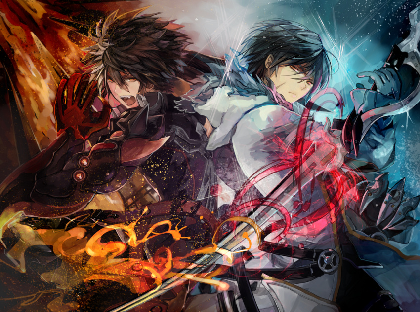 1boy bad_id bad_pixiv_id black_hair blade_master_(elsword) coat dual_persona elsword fire gauntlets gloves male_focus messy_hair multicolored_hair nameco raven_cronwell reckless_fist_(elsword) serious streaked_hair sword two-tone_hair weapon white_hair yellow_eyes