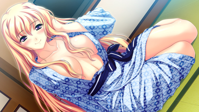 amasaka_takashi blonde_hair blush breasts dutch_angle female game_cg indoors koimekuri_clover long_hair looking_at_viewer medium_breasts niina_ayami purple_eyes robe sitting smile solo