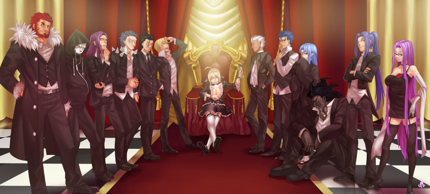 3girls 6+boys absurdres ahoge alcohol archer_(fate) artoria_pendragon_(fate) assassin_(fate/zero) beard black_hair blonde_hair blue_hair breasts center_opening cleavage club3 commentary_request cu_chulainn_(fate) cu_chulainn_(fate/stay_night) cup diarmuid_ua_duibhne_(lancer)_(fate) dress drinking_glass earbuds earphones facial_hair fate/stay_night fate/zero fate_(series) formal garter_straps gilgamesh_(fate) gilles_de_rais_(caster)_(fate) heracles_(fate) highres hood hoodie iskandar_(fate) lancelot_(fate/zero) lolita_fashion long_hair medea_(fate) medium_breasts medusa_(fate) medusa_(rider)_(fate) mole multiple_boys multiple_girls one_eye_closed photoshop_(medium) purple_hair red_hair saber_(fate) sasaki_kojirou_(fate) small_breasts spikes suit throne wine wine_glass