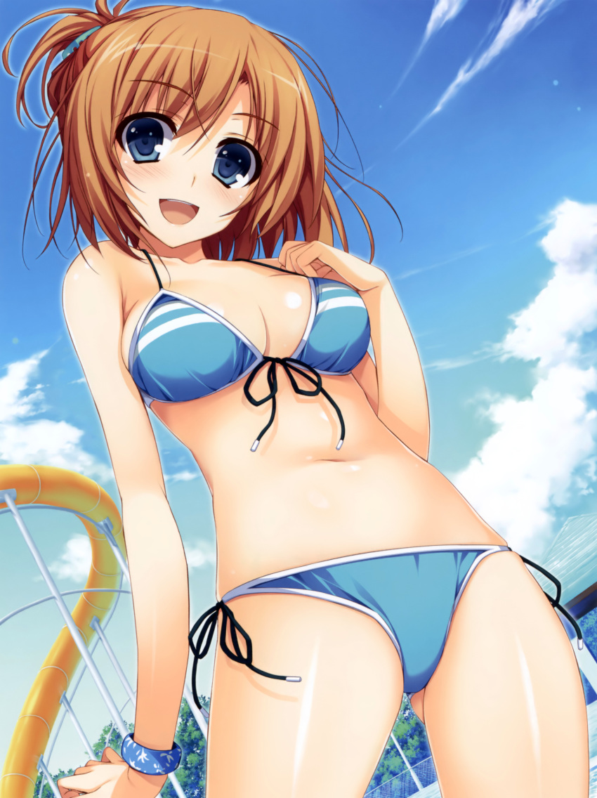 :d absurdres arm_up bare_shoulders bikini blue_bikini blue_eyes blue_sky blush bracelet breasts brown_hair chain-link_fence cleavage cloud day female fence folded_ponytail from_below front-tie_top hair_up harada_taiko highres jewelry kimi_to_issho_ni looking_at_viewer medium_breasts navel open_mouth outdoors photoshop_(medium) scan shiny_skin side-tie_bikini_bottom sky smile solo swimsuit tomose_shunsaku water_slide