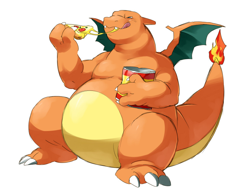 bag charizard cheese chips eating fat fire food good_frog nintendo no_humans pizza pokemon simple_background wings