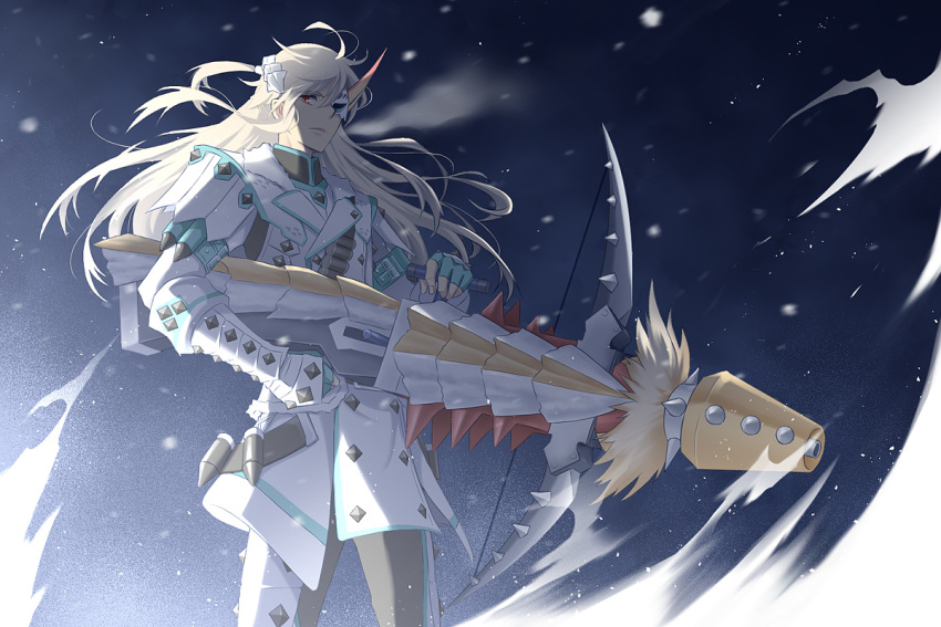 1boy bad_id bad_pixiv_id barioth_(armor) bowgun long_hair male_focus monster_hunter_(character) monster_hunter_(series) monster_hunter_3_g red_eyes snow solo white_hair yaya_(tempering)