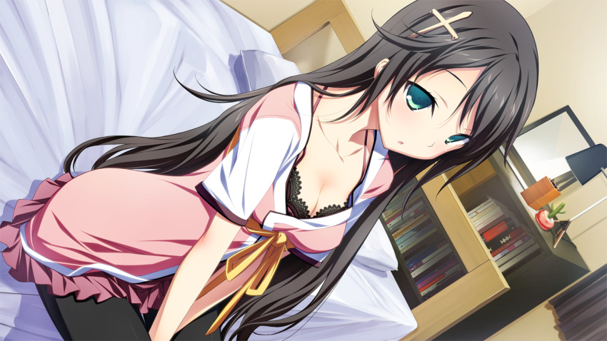 black_hair bra game_cg giga green_eyes kikuchi_seiji kuraki_ena material_brave underwear