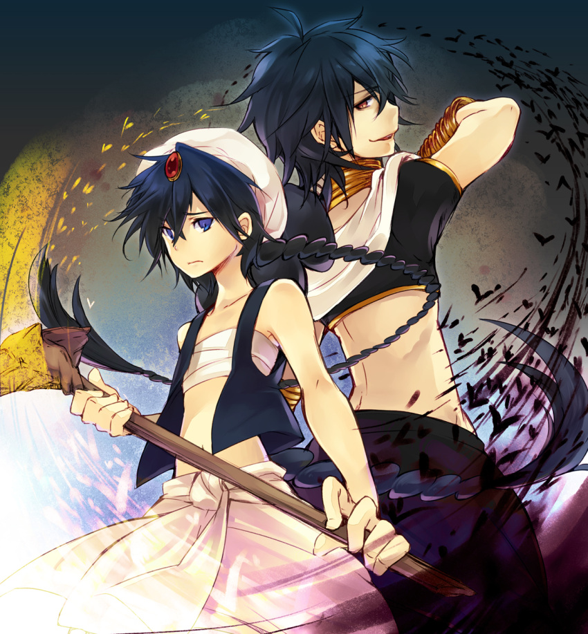 2boys aladdin_(magi) bad_id bad_pixiv_id black_hair blue_eyes braid brown_eyes chiko_(mizuho) crop_top highres holding jewelry judal looking_back magi_the_labyrinth_of_magic male_focus multiple_boys neck_ring photoshop_(medium) single_braid staff turban