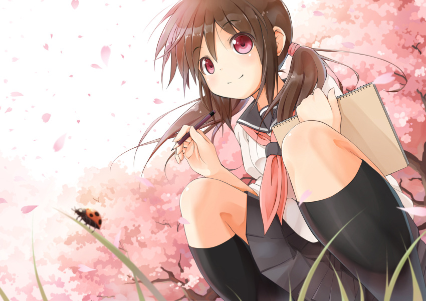 blurry brown_hair bug cherry_blossoms commentary_request depth_of_field female grass kneehighs ladybug looking_at_viewer naono original pencil petals photoshop_(medium) pink_eyes school_uniform serafuku short_twintails sketchbook skirt smile socks solo squatting tree twintails