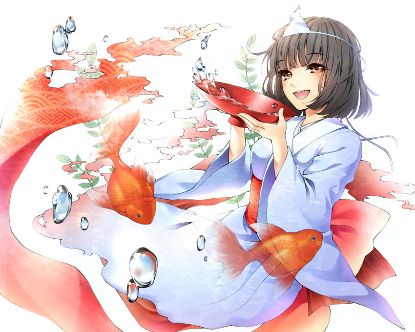 air_bubble back_bow bad_id bad_pixiv_id blunt_bangs bob_cut bow brown_eyes brown_hair bubble copyright_request cup eyes_visible_through_hair female fish ghost goldfish hinase_kanoto holding holding_cup kikkoumon obi open_mouth red_sash right-over-left_kimono sakazuki sash sayagata seigaiha shippou_(pattern) smile solo teeth triangular_headpiece upper_teeth_only water wide_sleeves