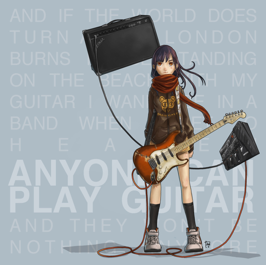 :3 amplifier black_hair blush broken brown_eyes cable commentary_request effects_pedal electric_guitar female fender_musical_instruments_corporation fender_stratocaster guitar highres hood hoodie instrument light_smile long_hair lyrics marwan_islami original radiohead_(band) red_scarf scarf shoes skirt sneakers solo standing whammy_bar wind