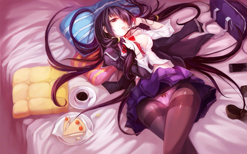 3155732811 absurdres bad_id bad_pixiv_id bed black_hair black_jacket blue_skirt bow bow_panties breasts cellphone crossed_legs cup date_a_live female food hair_over_one_eye highres jacket long_hair looking_at_viewer low_ponytail lying medium_breasts on_back on_bed open_clothes open_mouth open_shirt panties panties_under_pantyhose pantyhose phone pillow raizen_high_school_uniform red_eyes school_uniform shirt shoes skirt smartphone solo tokisaki_kurumi tongue tongue_out underwear unworn_shoes very_long_hair white_shirt