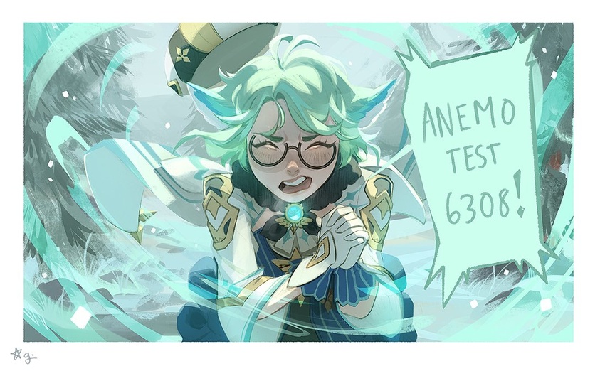 aleikats animal_ears blush closed_eyes english_text female fur_trim genshin_impact glasses gloves green_hair long_sleeves magic open_mouth semi-rimless_eyewear short_hair solo sucrose_(genshin_impact) unworn_headgear vision_(genshin_impact) white_gloves white_headwear wide_sleeves