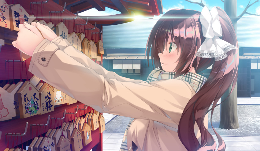 blush bow brown_hair game_cg green_eyes kiba_satoshi kinomiya_nanoka long_hair marmalade ponytail scarf shrine study_§_steady tree