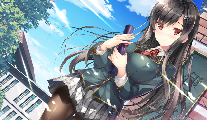 black_hair blush clouds emily game_cg long_hair marmalade omaezaki_yuu pantyhose red_eyes school_uniform skirt sky study_§_steady