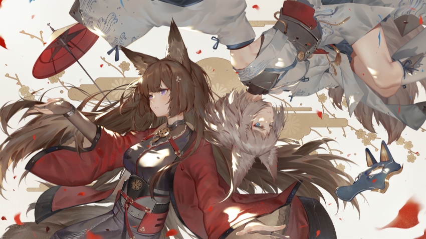 2girls amagi_(azur_lane) animal_ears anthro azur_lane blue_eyes brown_hair foxgirl japanese_clothes kaga_(azur_lane) long_hair mask purple_eyes short_hair toriumi_harumi umbrella