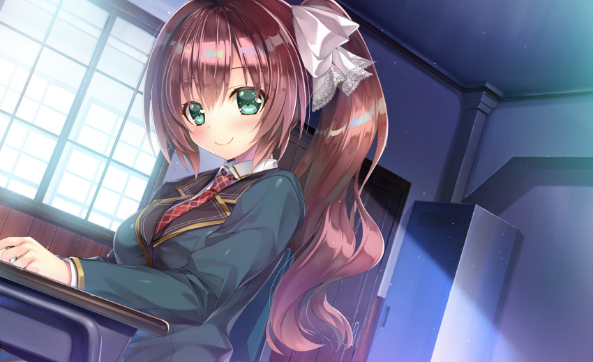 blush brown_hair game_cg green_eyes kiba_satoshi kinomiya_nanoka long_hair marmalade ponytail ribbons school_uniform study_§_steady tie