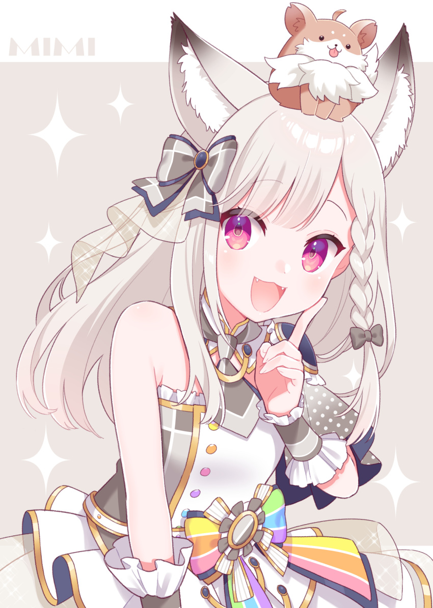 :d animal animal_ear_fluff animal_ears animare bow braid commentary_request dress fangs female finger_to_face fox hair_ornament hairbow highres kusumoto_shizuru long_hair nanashi_inc. open_mouth purple_eyes shiromiya_mimi sleeveless sleeveless_dress smile virtual_youtuber white_hair wrist_cuffs