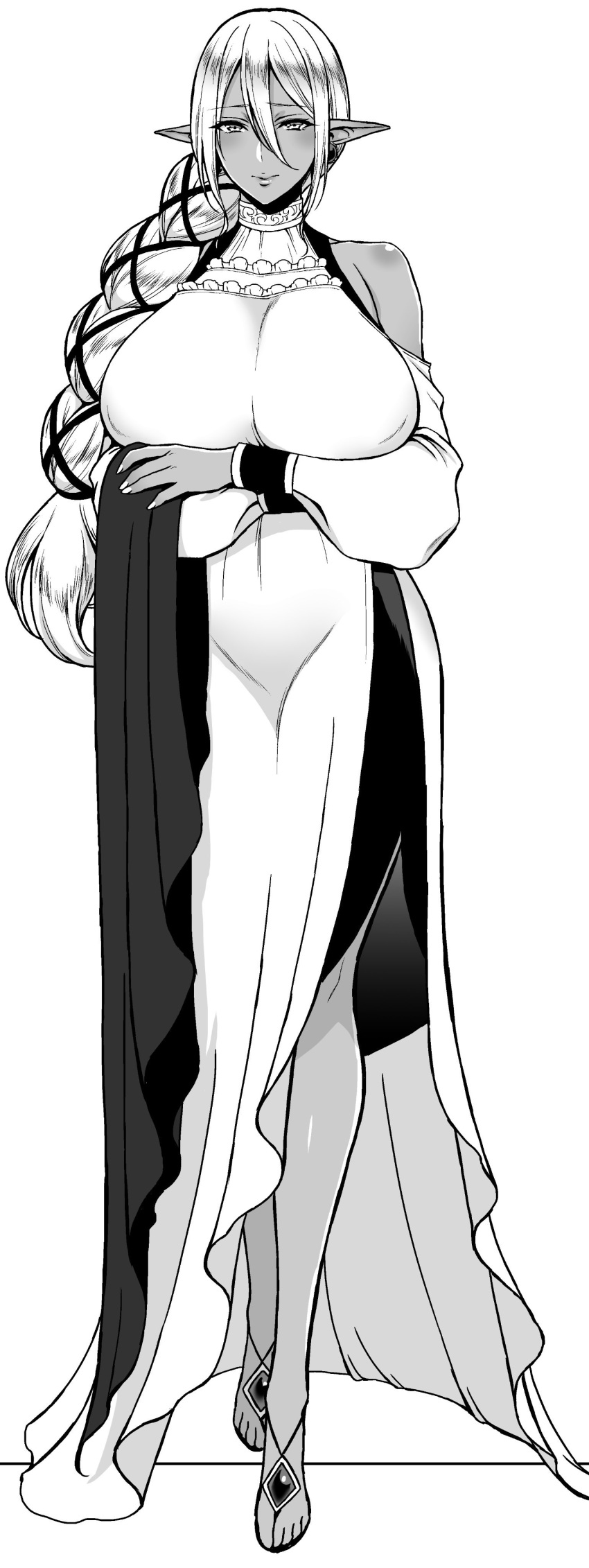 absurdres blush braid breasts closed_mouth crossed_arms dark-skinned_female dark_elf dark_elf_queen_(usagi_nagomu) dark_skin dress elf female full_body greyscale hair_between_eyes hair_over_shoulder highres huge_breasts long_dress long_sleeves looking_at_viewer monochrome original pointy_ears simple_background single_braid smile solo usagi_nagomu white_background