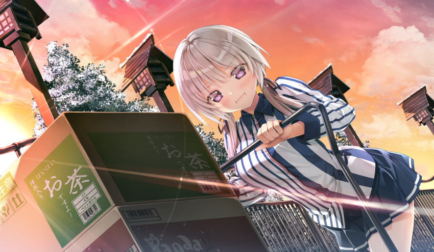 blush clouds game_cg gray_hair kakegawa_hazuki kiba_satoshi marmalade purple_eyes short_hair skirt sky study_§_steady sunset twintails