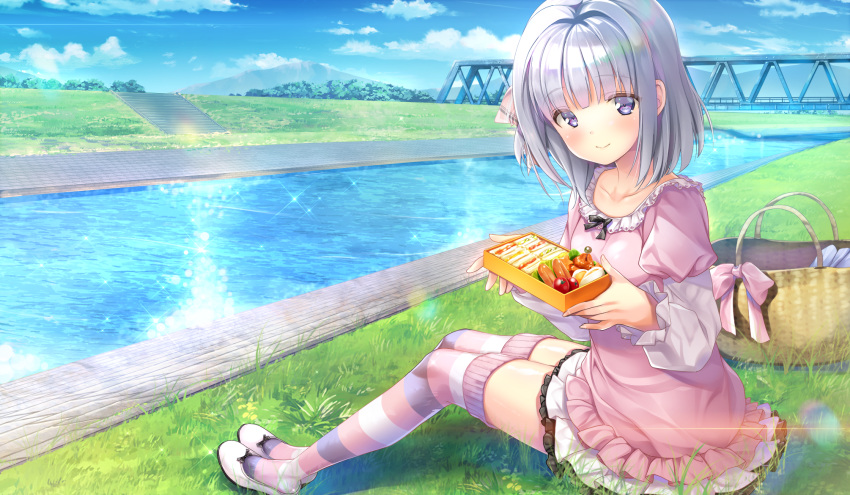 blush bow clouds dress emily food game_cg grass gray_hair maisaka_mai marmalade purple_eyes scenic short_hair skirt sky study_§_steady thighhighs water