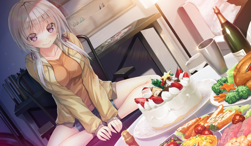 blush cake drink food fruit game_cg gray_hair kakegawa_hazuki kiba_satoshi long_hair marmalade purple_eyes shorts strawberry study_§_steady