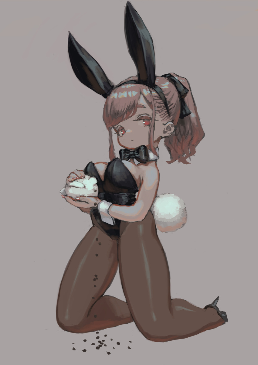 animal animal_ears black_leotard black_ribbon bow bowtie breasts brown_hair detached_collar expressionless fake_animal_ears fake_tail female full_body grey_background hair_ribbon high_heels highres holding holding_animal holding_rabbit jonpei kneeling leotard long_hair looking_at_viewer medium_breasts original pantyhose playboy_bunny ponytail rabbit rabbit_ears rabbit_tail red_eyes ribbon sidelocks simple_background solo strapless strapless_leotard tail wrist_cuffs