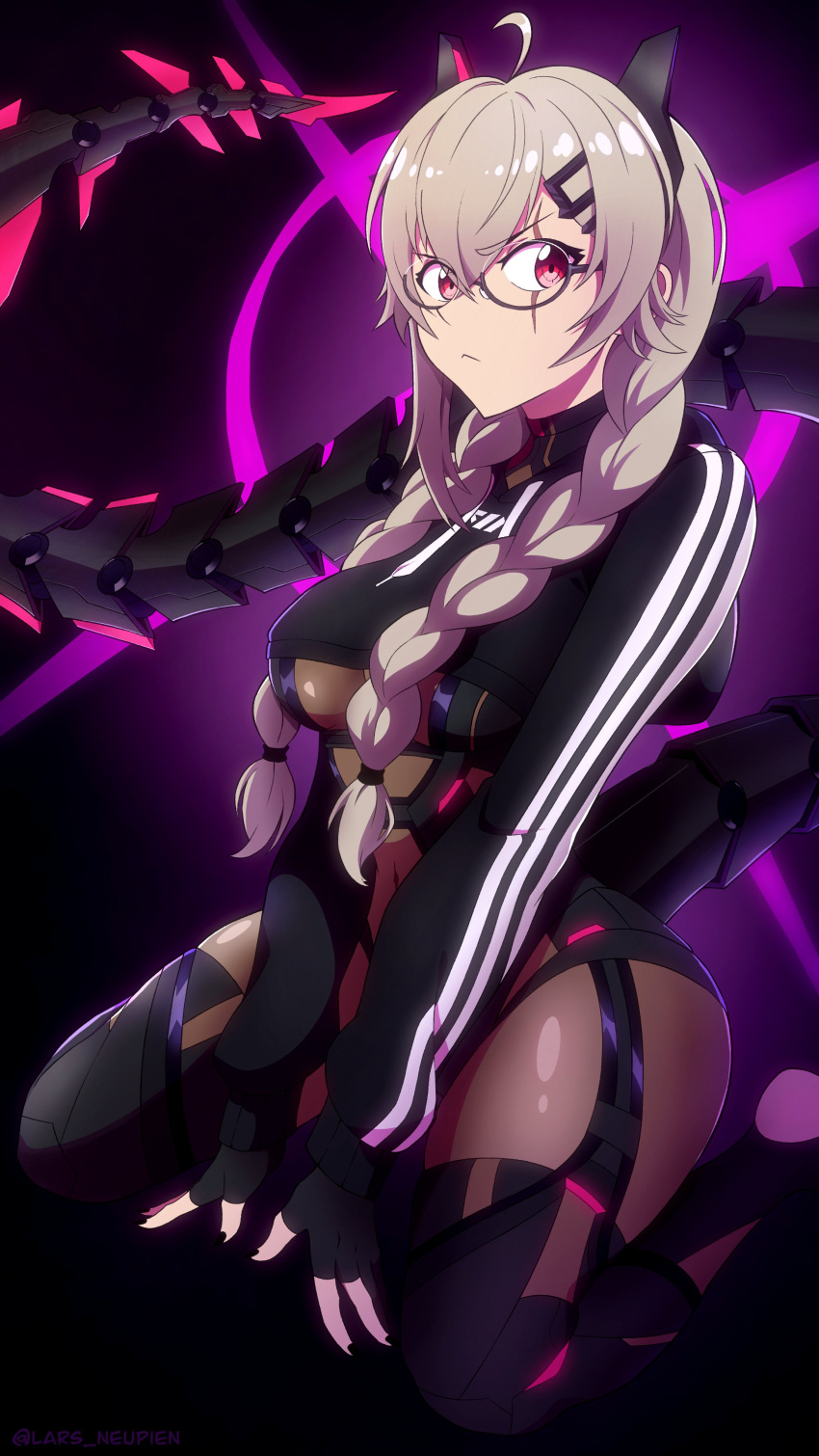 absurdres ahoge black_nails bodysuit breasts cropped_hoodie female gloves grey_bodysuit highres hood hoodie horns indie_virtual_youtuber large_breasts lars_neupien long_hair long_sleeves looking_at_viewer mechanical_horns mechanical_tail nail_polish partially_fingerless_gloves red_eyes saruei_(vtuber) scar scar_across_eye tail virtual_youtuber