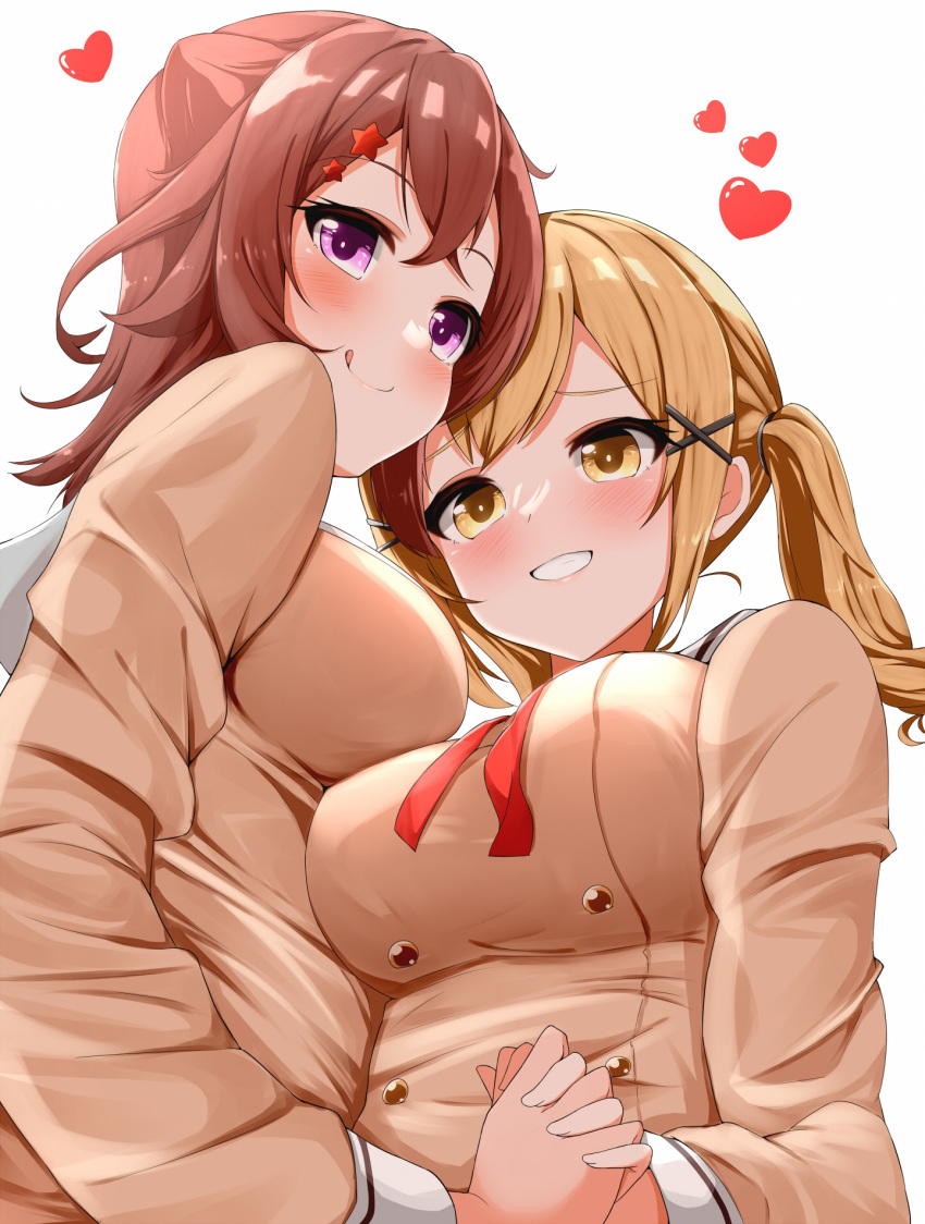 2girls :q asymmetrical_docking bang_dream! blonde_hair blush breast_press breasts brown_hair brown_shirt buttons closed_mouth commentary_request cone_hair_bun crossed_bangs double-breasted from_below grin hair_bun hair_ornament hairclip hanasakigawa_school_uniform heads_together heart highres holding_hands ichigaya_arisa interlocked_fingers large_breasts long_hair long_sleeves looking_at_viewer looking_back looking_down medium_breasts medium_hair multiple_girls natsuyoshi_(natsun) neck_ribbon parted_lips purple_eyes red_ribbon ribbon sailor_collar school_uniform serafuku shirt simple_background smile star_(symbol) star_hair_ornament tongue tongue_out toyama_kasumi twintails upper_body white_background white_sailor_collar x_hair_ornament yellow_eyes yuri