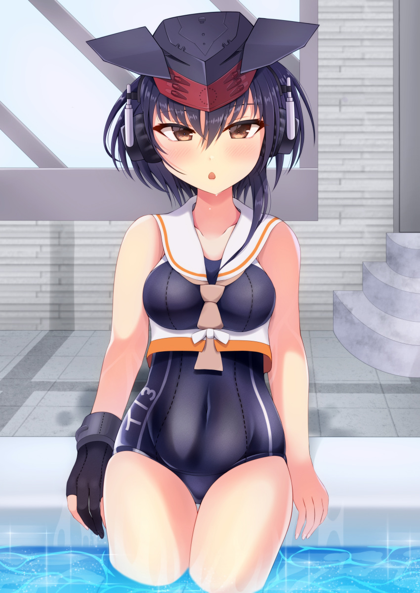 absurdres asymmetrical_hair black_hair blue_one-piece_swimsuit breast_cutout breasts brown_eyes cosplay female framed_breasts gloves hair_between_eyes headphones highres i-13_(kancolle) i-13_(kancolle)_(cosplay) indoors kantai_collection one-piece_swimsuit otobi partially_fingerless_gloves partially_submerged pool poolside rei_no_pool sailor_collar school_swimsuit short_hair single_glove small_breasts solo swimsuit